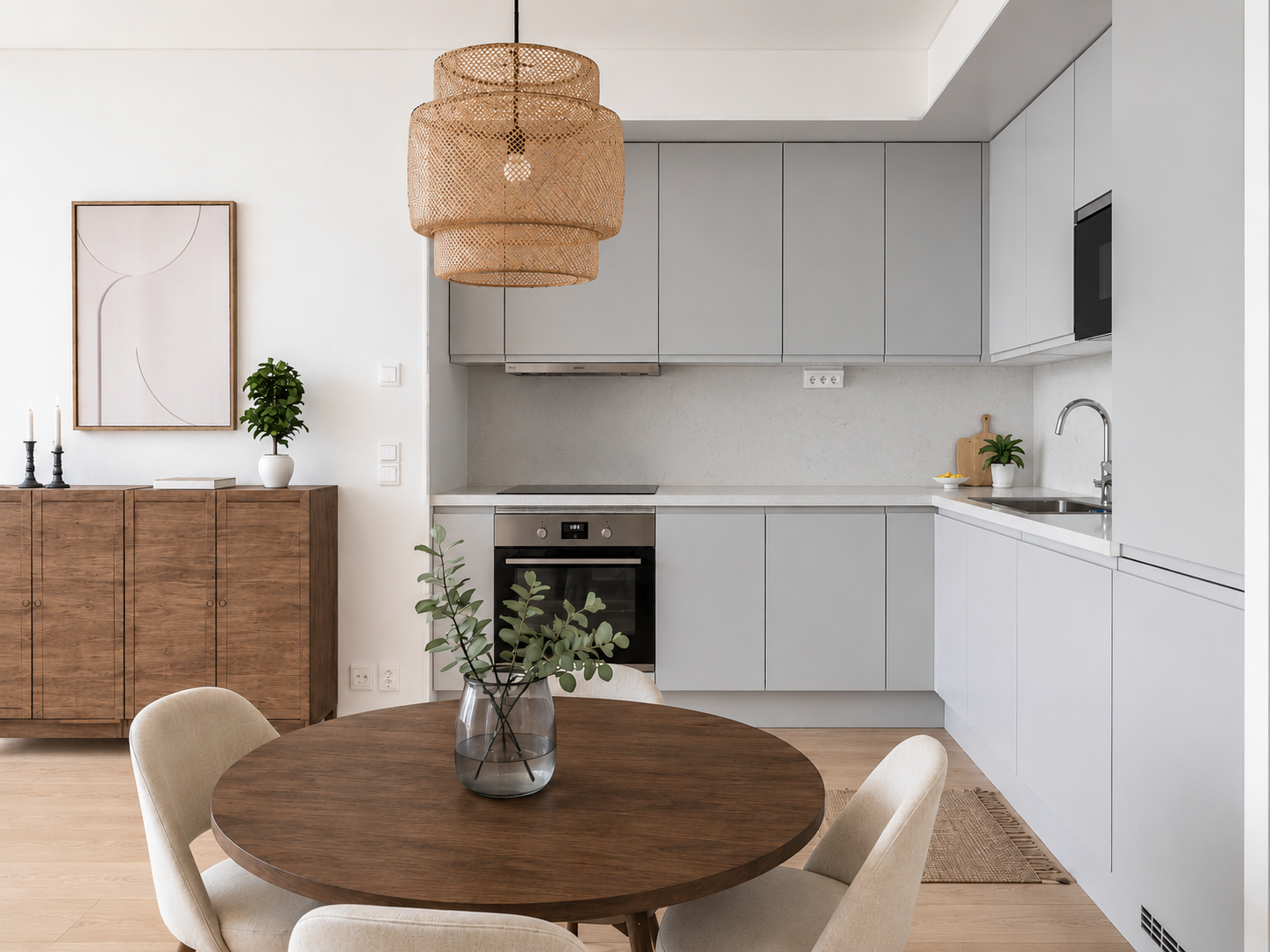 Stylat kök med matplats och rottinglampa