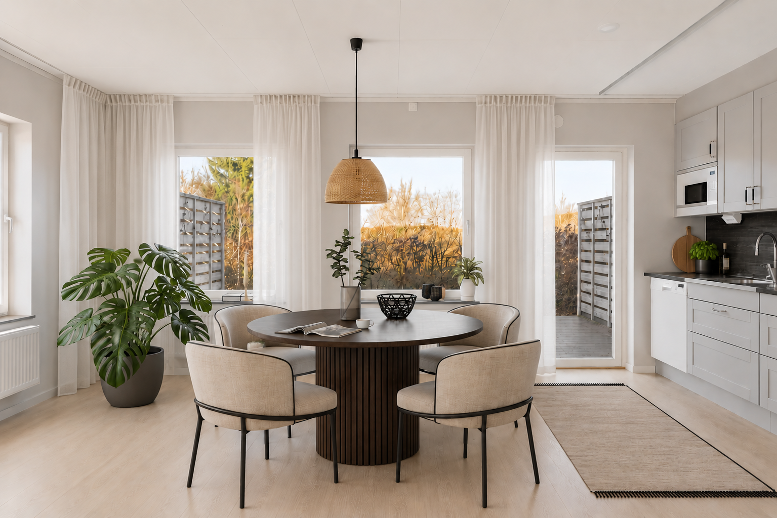 Stylad matplats med runt träbord, beige stolar och rottinglampa